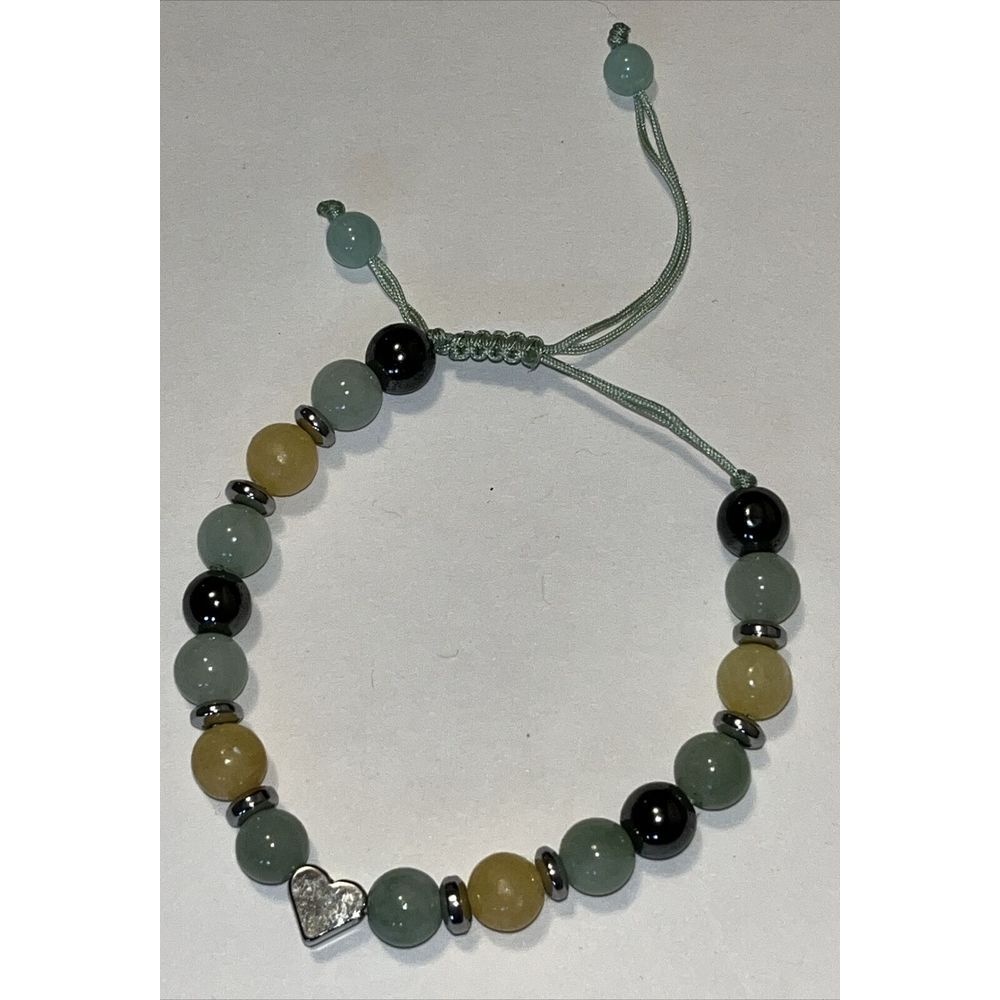Blue, Yellow Quartz & Metallic Round Beaded Fashion Bracelet + Heart Charm
